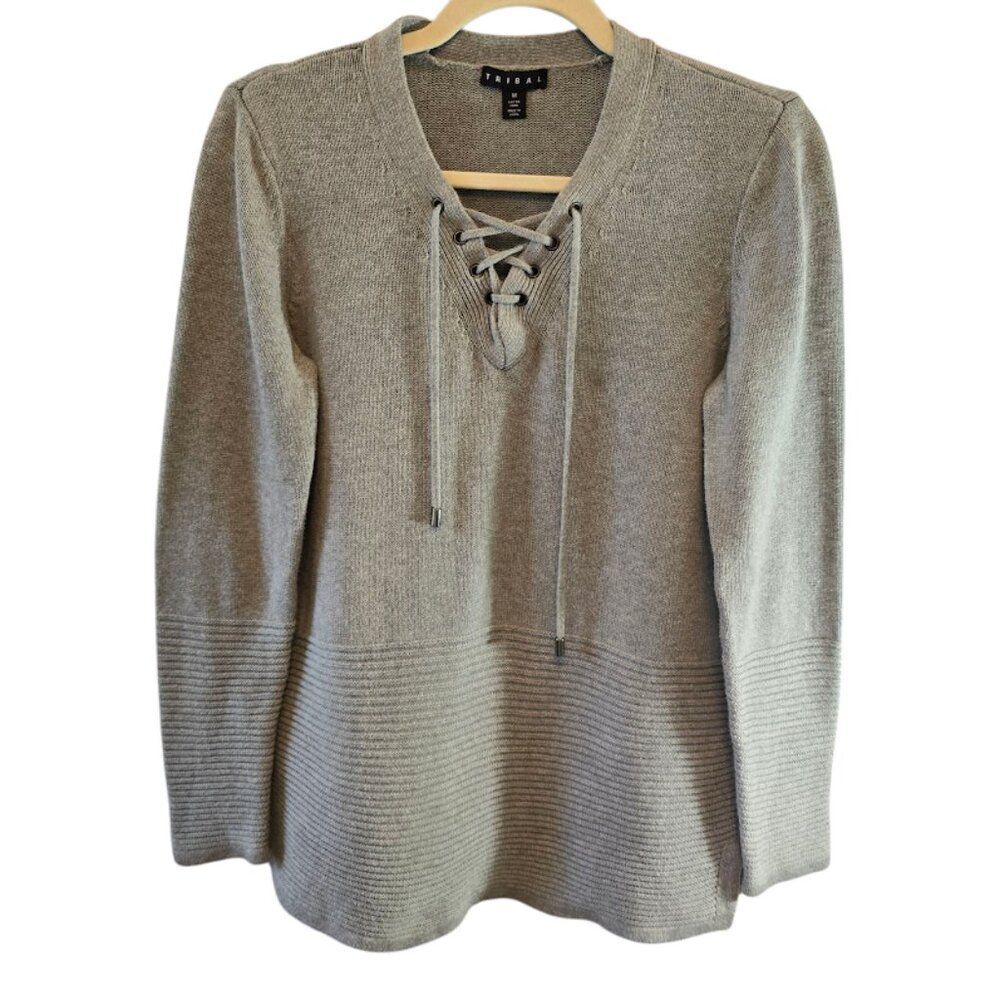 TRIBAL LIGHT GRAY 100% COTTON SWEATER FRONT LACE UP V NECKLINE SIDE SLIT MEDIUM